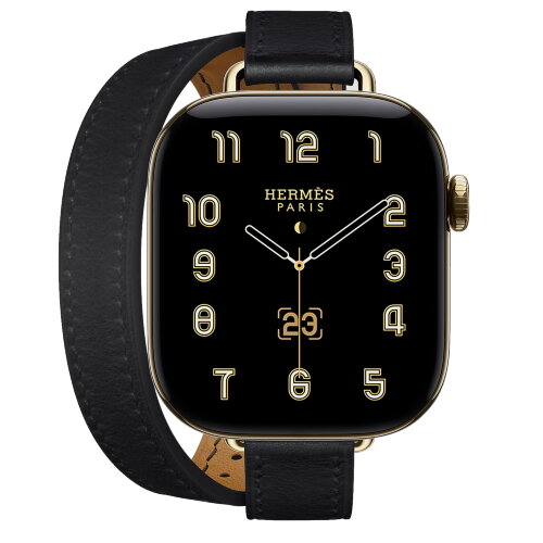 Apple Watch Hermès Series 12 42mm, Radiant Gold Titanium, ремешок Double Tour Attelage черный (Noir)