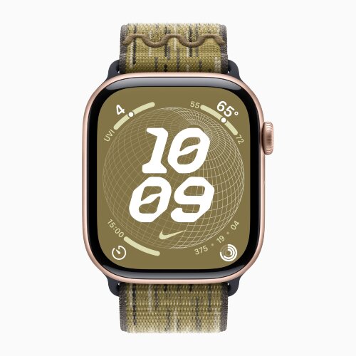 Apple Watch Series 10 42mm, Rose Gold Aluminum Case with Nike Sport Loop - Green/Grey