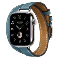 Apple Watch Hermes Series 10 42mm, двойной тонкий кожаный ремешок темно-голубого цвета
