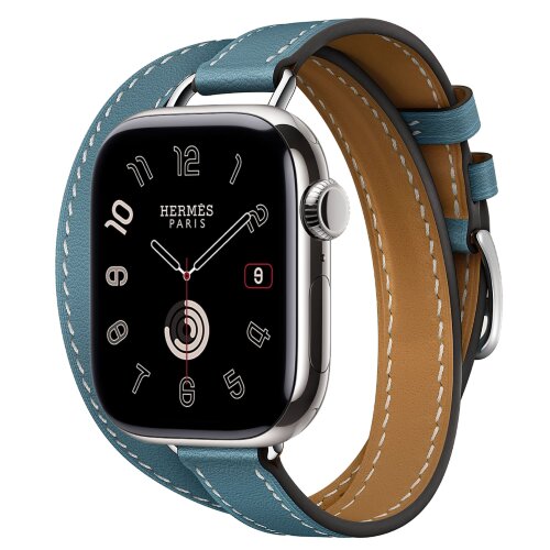 Apple Watch Hermes Series 10 42mm, двойной тонкий кожаный ремешок темно-голубого цвета