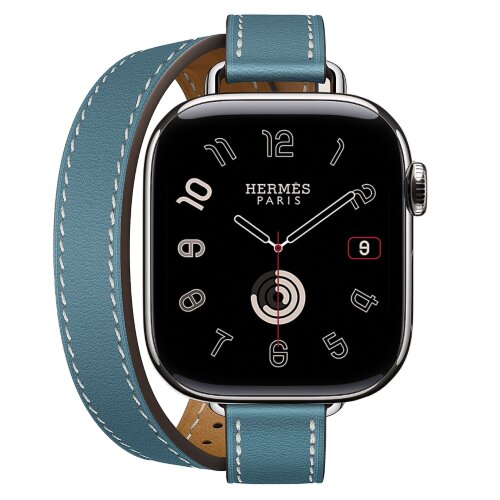 Apple Watch Hermes Series 10 42mm, двойной тонкий кожаный ремешок темно-голубого цвета
