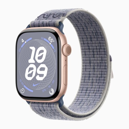 Apple Watch Series 10 42mm, Rose Gold Aluminum Case with Nike Sport Loop - Grey/Blue