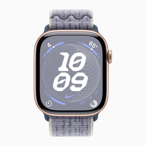 Apple Watch Series 10 42mm, Rose Gold Aluminum Case with Nike Sport Loop - Grey/Blue