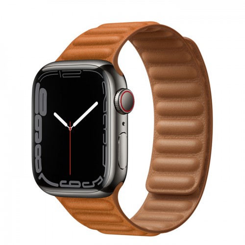 Apple Watch Series 7 41 мм, Графитовая нержавеющая сталь, браслет из кожи «Золотистая охра»