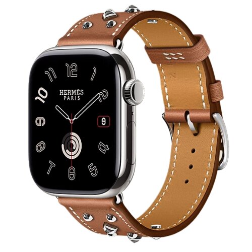 Apple Watch Hermes Series 11 42mm, кожаный коричневый ремешок с клепками