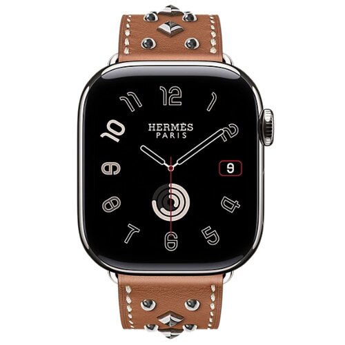 Apple Watch Hermes Series 11 42mm, кожаный коричневый ремешок с клепками