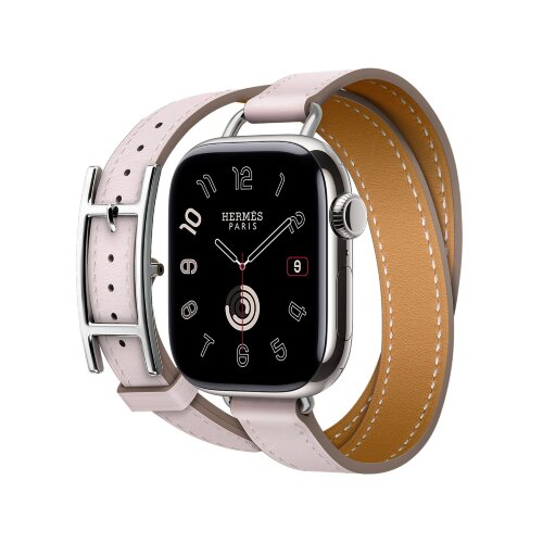 Кожаный двойной тонкий ремешок с пряжкой Hermes для Apple Watch 42mm Attelage Hapi Double Tour - Светло-розовый (Mauve/Pale)