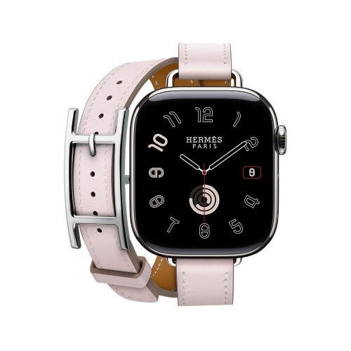 Кожаный двойной тонкий ремешок с пряжкой Hermes для Apple Watch 42mm Attelage Hapi Double Tour - Светло-розовый (Mauve/Pale)