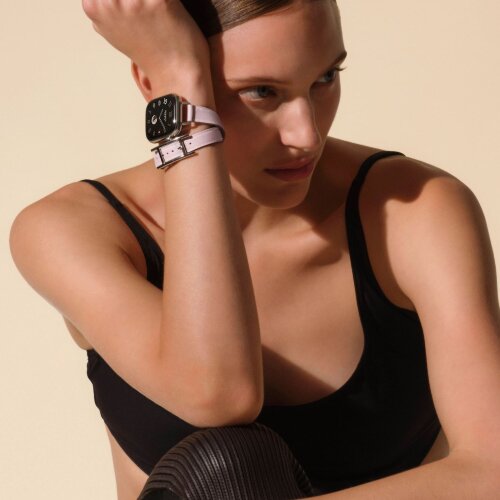 Кожаный двойной тонкий ремешок с пряжкой Hermes для Apple Watch 42mm Attelage Hapi Double Tour - Светло-розовый (Mauve/Pale)