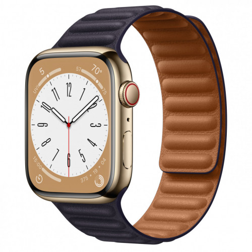 Apple Watch Series 9 45mm, Золотая сталь, кожаный ремеок Leather Link - Ink