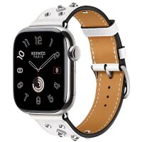 Apple Watch Hermes Series 11 42mm, кожаный белый ремешок с клепками