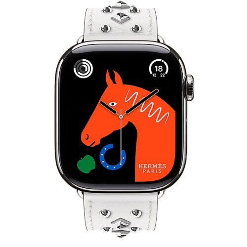 Apple Watch Hermes Series 11 42mm, кожаный белый ремешок с клепками
