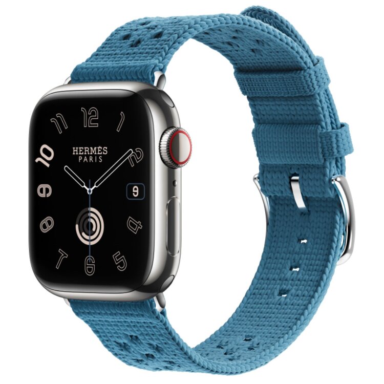 Apple Watch Hermes Series 9 41mm, ремешок из текстильного трикотажа голубого цвета