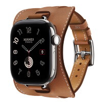 Apple Watch Hermès Series 12 42mm, Silver Titanium, ремешок Attelage En Selle золотисто-коричневый (Gold)