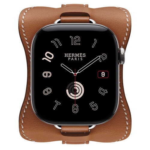 Apple Watch Hermès Series 12 42mm, Silver Titanium, ремешок Attelage En Selle золотисто-коричневый (Gold)
