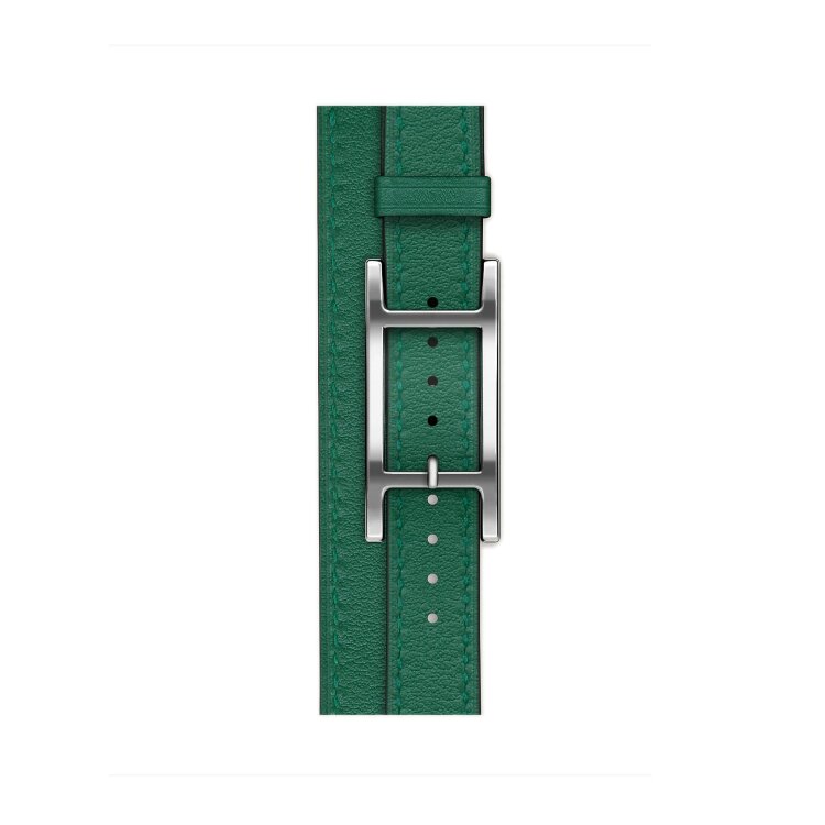 Кожаный двойной тонкий ремешок с пряжкой Hermes для Apple Watch 42mm Attelage Hapi Double Tour - Зеленый (Vert Moyen)