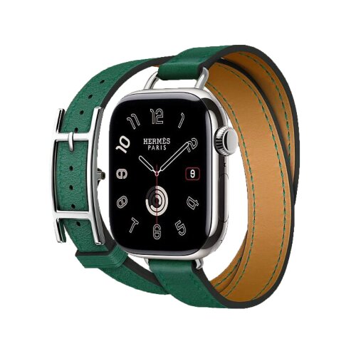 Кожаный двойной тонкий ремешок с пряжкой Hermes для Apple Watch 42mm Attelage Hapi Double Tour - Зеленый (Vert Moyen)