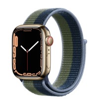 Apple Watch Series 7 41 мм, сталь золотистая, спортивный браслет «Синий омут/зелёный мох»