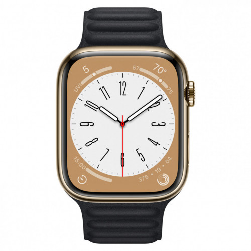 Apple Watch Series 9 45mm Gold Stainless Steel Case with Leather Link - Midnight