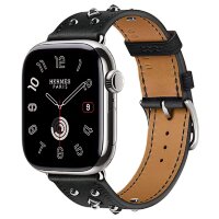 Apple Watch Hermes Series 11 42mm, кожаный черный ремешок с клепками