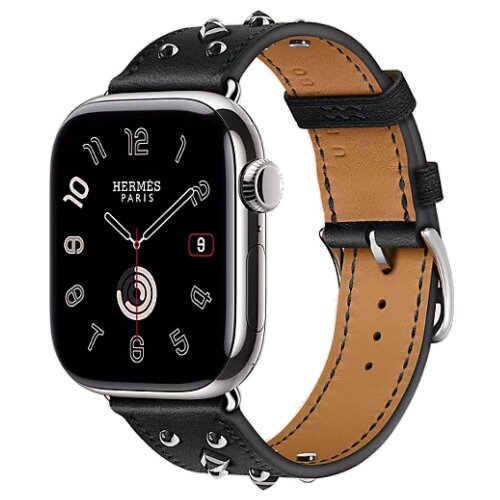 Apple Watch Hermes Series 11 42mm, кожаный черный ремешок с клепками
