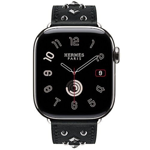Apple Watch Hermes Series 11 42mm, кожаный черный ремешок с клепками