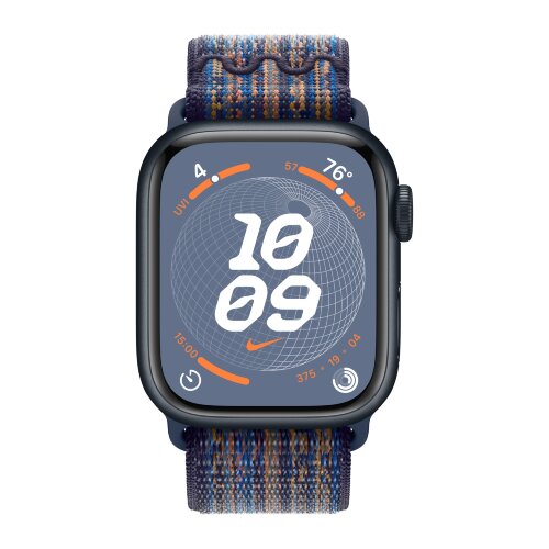 Apple Watch Series 9 41mm, Midnight Aluminum Case with Nike Sport Loop - Game Royal/Orange