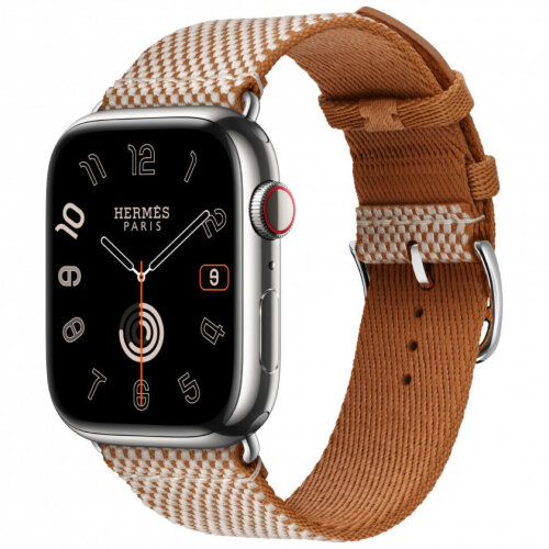 Apple Watch Hermes Series 12 46mm, клетчатый ремешок из плетеного нейлона золотой с белым