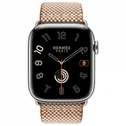 Apple Watch Hermes Series 12 46mm, клетчатый ремешок из плетеного нейлона золотой с белым