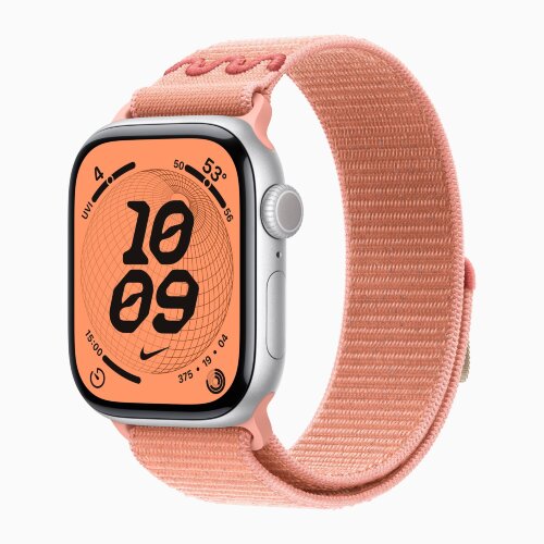 Apple Watch Series 11 42mm, Silver Aluminum Case with Nike Sport Loop - Alpenglow Pink