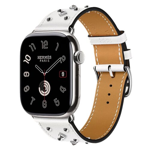 Apple Watch Hermes Series 11 46mm, кожаный белый ремешок с клепками