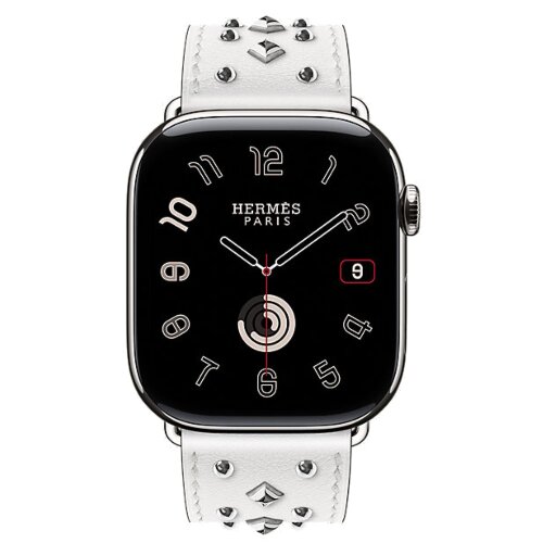 Apple Watch Hermes Series 11 46mm, кожаный белый ремешок с клепками