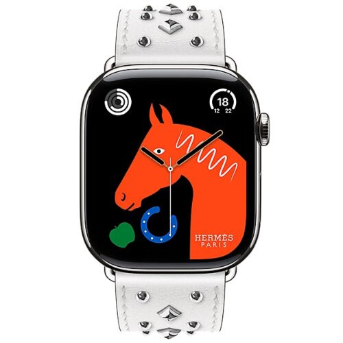 Apple Watch Hermes Series 11 46mm, кожаный белый ремешок с клепками