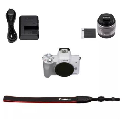 Canon EOS M50 Mark II Mirrorless Camera, White + EF-M 15-45mm f/3.5-6.3 IS STM Lens, Silver