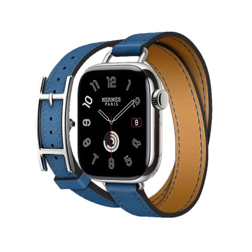 Кожаный двойной тонкий ремешок с пряжкой Hermes для Apple Watch 42mm Attelage Hapi Double Tour - Голубой (Bleu de France)