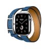 Кожаный двойной тонкий ремешок с пряжкой Hermes для Apple Watch 42mm Attelage Hapi Double Tour - Голубой (Bleu de France)