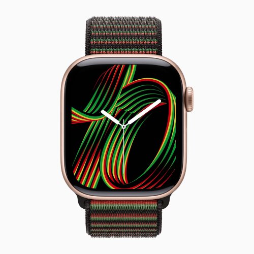 Apple Watch Series 11 46mm, Rose Gold Aluminum Case with Sport Loop - Black Unity - Unity Rhythm