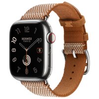 Apple Watch Hermes Series 9 41mm, клетчатый ремешок из плетеного нейлона коричневого цвета