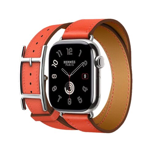 Кожаный двойной ремешок с пряжкой Hermes для Apple Watch 42mm Hapi Double Tour - Оранжевый (Orange Field)