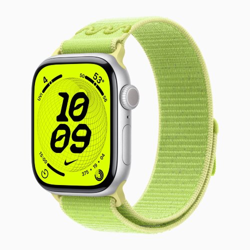 Apple Watch Series 11 42mm, Silver Aluminum Case with Nike Sport Loop - Volt Splash