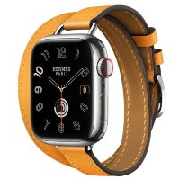 Apple Watch Hermes Series 9 41mm, двойной тонкий кожаный ремешок оранжевого цвета