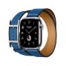 Кожаный двойной ремешок с пряжкой Hermes для Apple Watch 42mm Hapi Double Tour - Голубой (Bleu de France)