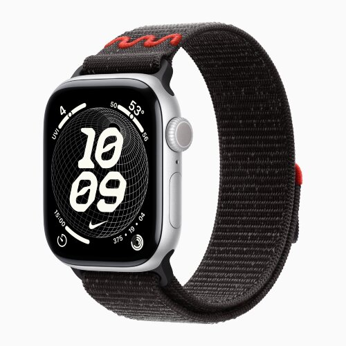 Apple Watch Series 11 46mm, Silver Aluminum Case with Nike Sport Loop - Midnight Black
