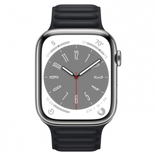Apple Watch Series 9 45mm Silver Stainless Steel Case with Leather Link - Midnight