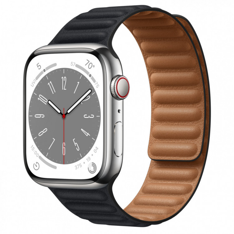 Apple Watch 9 Silver Steel 45mm Leather Link Midnight