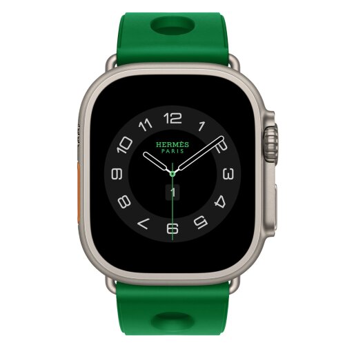 Apple Watch Hermès Ultra 4 49mm Natural Titanium, ремешок Scub’H Diving ярко-зеленый (Vert Vertigo)
