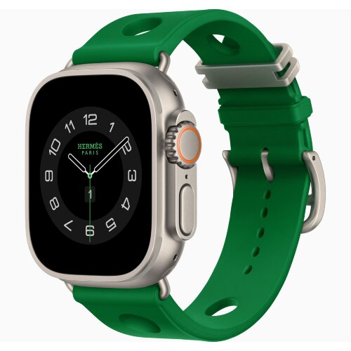 Apple Watch Hermès Ultra 4 49mm Natural Titanium, ремешок Scub’H Diving ярко-зеленый (Vert Vertigo)
