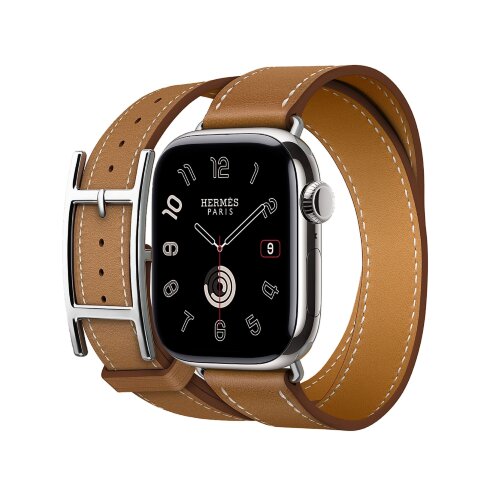 Кожаный двойной ремешок с пряжкой Hermes для Apple Watch 42mm Hapi Double Tour - Коричневый (Gold)
