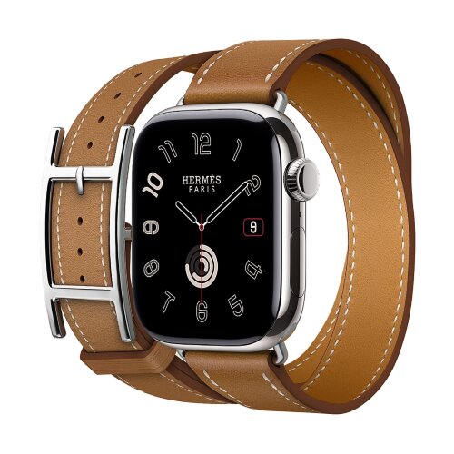 Кожаный двойной ремешок с пряжкой Hermes для Apple Watch 46mm Hapi Double Tour - Коричневый (Gold)