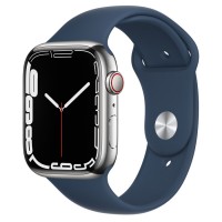 Apple Watch Series 7 45 мм, Стальные серебристого цвета, спортивный ремешок «Синий омут»